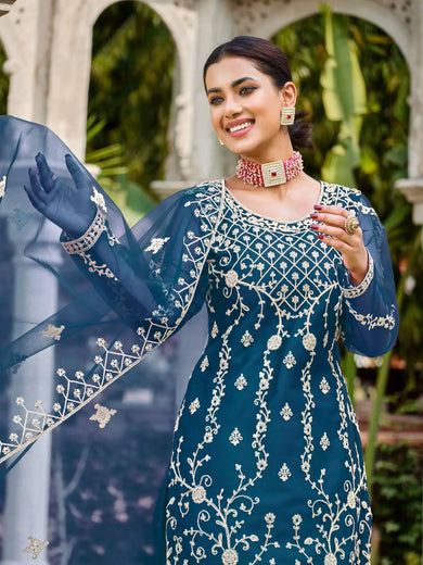 Wonderful Blue Embroidered Net Event Wear Palazzo Suit With Dupatta